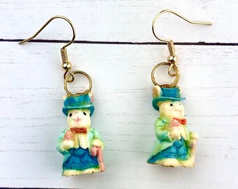 Easter Bunny Earrings, Easter Egg Earrings, Easter Earrings, Vintage Easter, Fancy Bunny with Top Hat and Cane, Easter Rabbit, Easter Gift