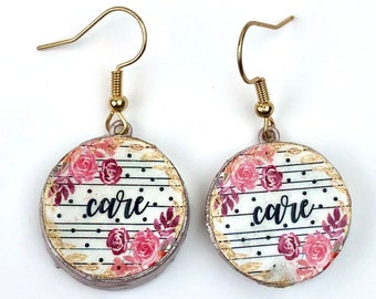 Care Earrings, Care Jewelry, Caring Earrings, Word Earrings