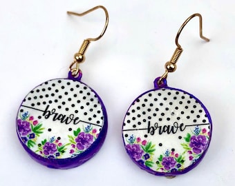 Brave Earrings, Braveness Earrings, Brave Jewelry, Be Brave, I Am Brave, Brave Dangle Earrings, Purple Earrings