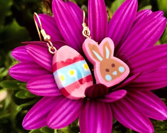 Brown Easter Bunny With Pink Floral Easter Egg Earrings, Easter Earrings, Easter Jewelry, Bunny Earrings, Bunny Jewelry, Daisy, Barbie