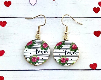 Love Earrings, Valentine's Day, Love Jewelry, Dainty Earrings, Drop Earrings, Retro Earrings, Floral Earring, Cursive, Stripes, Gift for Mom
