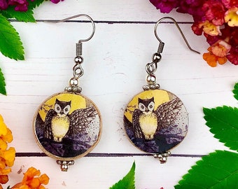 Vintage Halloween Earrings, Owl Earrings, Halloween Earrings Dangle, Owl Gift, Handmade Owl Earrings, Halloween Gift, Halloween Jewelry, Fun