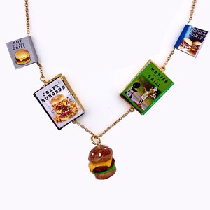 Grilling Burgers Book Necklace, Food Jewelry, Cheeseburger Charm, Cheeseburger Necklace, Hamburger Necklace, Hamburger Charm, Cookbook Charm
