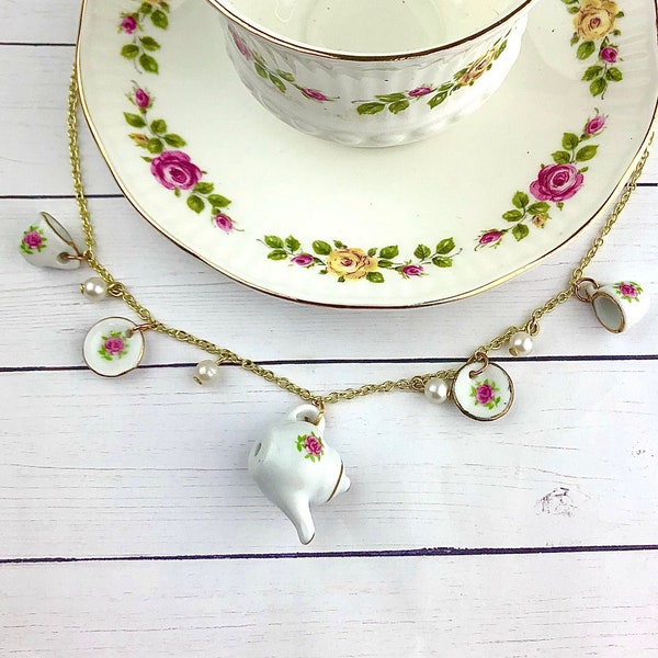 Teapot Necklace With Pearls, Teacup Necklace, Teacup Jewelry, Teapot Necklace, Teapot Jewelry, Floral Teapot Pendant, Mother's Day Gift, Mom
