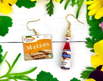 Matzah And Wine Earrings, Passover Jewelry, Passover Earrings, Passover Gift, Pesach Earrings, Mini Passover Food Earrings, Matzo Earrings