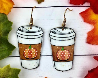 Pumpkin Spice Latte Earrings, PSL Earrings, Polka Dot Pumpkin Earrings, Coffee Earrings, Coffee Cup Earrings, Fall Earrings, Miniature Food