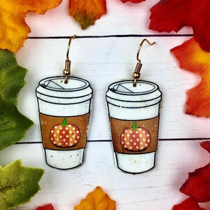 Pumpkin Spice Latte Earrings, PSL Earrings, Polka Dot Pumpkin Earrings, Coffee Earrings, Coffee Cup Earrings, Fall Earrings, Miniature Food