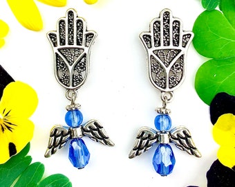 Hamsa Earrings, Angel Earrings, Silver Hand Earrings, Blue Angel Earrings, Hamsa Hand, Ocean Blue Angel, Rosh Hashanah Earrings, L'Chaim