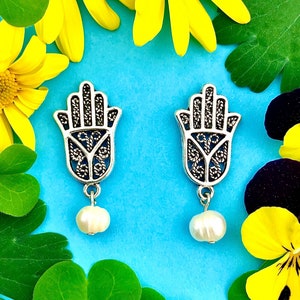 Judaica Earrings, Hamsa Earrings, Jewish Earrings, Hamsa Hand Earrings with Pearls, Fresh Water Pearl Earrings, L&#39;Chaim, Rosh Hashanah Gift