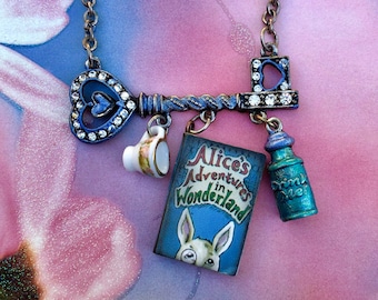Alice In Wonderland Necklace, Alice In Wonderland Jewelry, Book Charm, Drink Me Bottle, Key Necklace, Cute, Silver, White Rabbit, Bookish