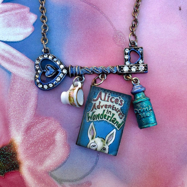 Alice In Wonderland Necklace, Alice In Wonderland Jewelry, Book Charm, Drink Me Bottle, Key Necklace, Cute, Silver, White Rabbit, Bookish