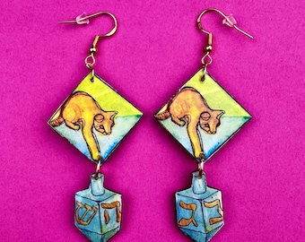 Hanukkah Cat, Hanukkah Earrings, Hanukkah Jewelry, Hanukkah Gift, Chanukkah, Dreidel, Contemporary Jewish Earrings,