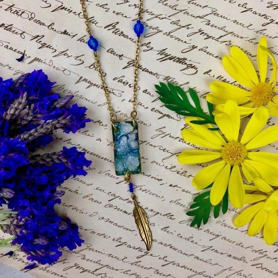 Blue Druzy Necklace, Charm Necklace, Boho Necklace, Gemstone Necklace, Feather Necklace, boho vibes