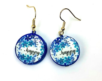 Happy Earrings, Happiness Earrings, Happiness Comes in Waves, Happy Jewelry, Blue Flower Earrings