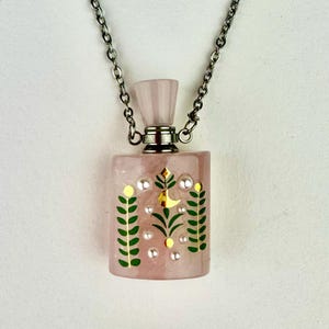 Roze kwarts parfumflesje ketting, edelsteen ketting, stenen parfumflesje ketting