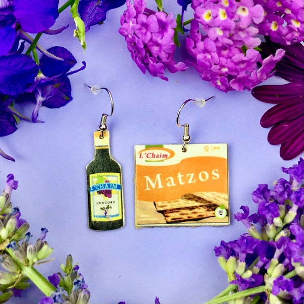 Passover Earrings, Passover Jewelry, Matzo Earrings, Matzah, Pesach, Passover Gift, Wine Bottle Earrings, Mini Jewish Food, L'Chaim, Oy Vey