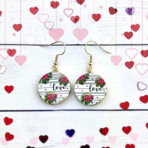 Love Earrings, Valentine's Day, Love Jewelry, Dainty Earrings, Drop Earrings, Retro Earrings, Floral Earring, Cursive, Stripes, Gift for Mom