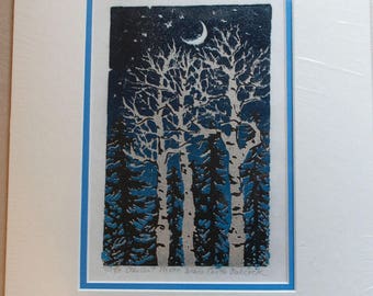 Crescent Moon linoleum block print