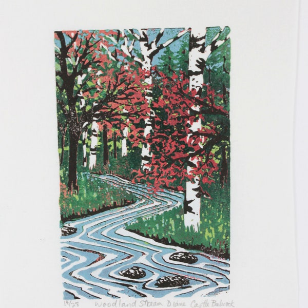 Woodland Stream with red leaves original four color unmatted linoleum block print,