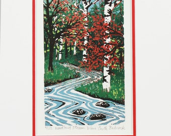 Woodland Stream with red leaves original landscape linoleum block print, matted to 9 x 12 inches