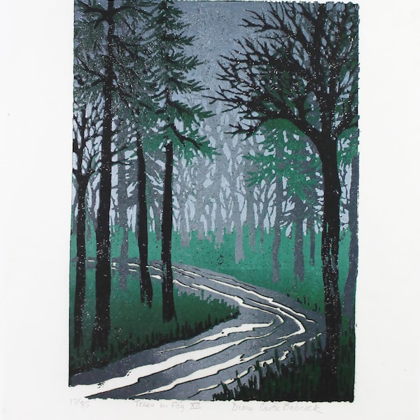 Trees in Fog XII original  linoleum block print, unmatted