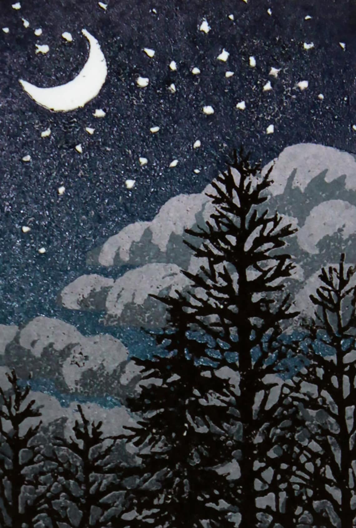 Crescent Moon Linoleum Block Print Matted to Fit an 8 X 10 Etsy