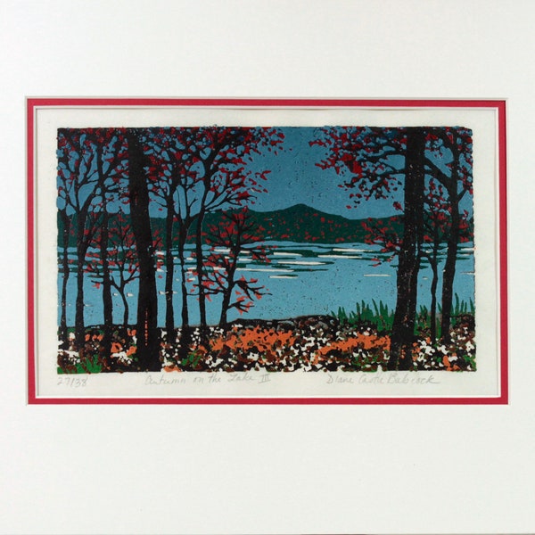 Autumn on the Lake III linoleum block print, matted to fit an 11 x 14 inch frame