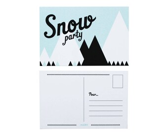 Carte postale bleu illustration montagne - "Snow party"