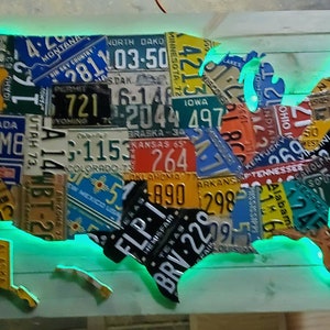Große LED beleuchtete 3-D USA Nummernschild Karte Kunst !!! - Metallwandkunst - Alle 50 STAATEN mit echten Kennzeichen erstellt! Von Hand gemacht!