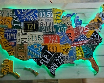 Large LED Lighted 3-D USA License Plate Map Art!!! - Metal Wall Art- All 50 STATES Created With Real Genuine License Plates! Made By Hand!