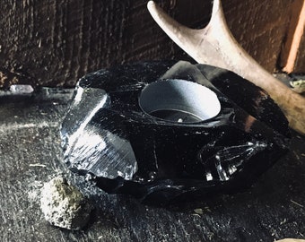 Obsidian candle holder-Tealight Holder-Raw crystal candleholder- Tealight candle-Rock Candle Holder-obsidian