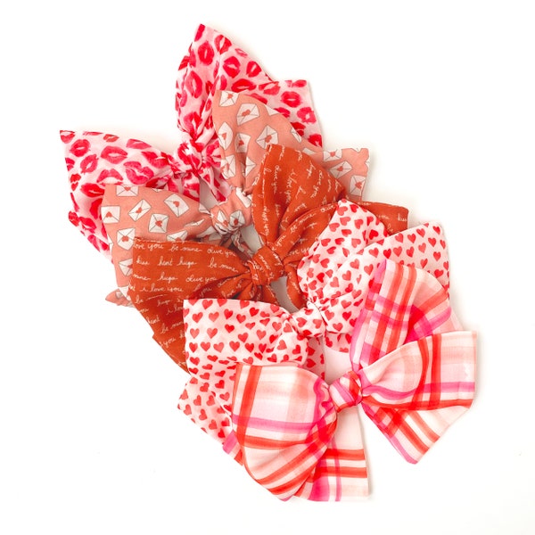 Valentine Chiffon Hair Bow | Chiffon Hand Tied Hair Bow | Girls Bow Barrette | Adult Bow | Big Girls Bow | Kisses | Plaid | Love Notes