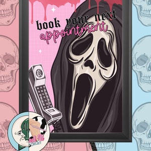May include: Framed artwork with a Scream mask and a retro telephone. The pink background has the text "book your next appointment" in black and pink. The artwork is surrounded by a pattern of skulls.