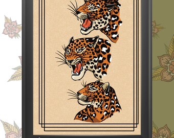May include: A framed print with three black and orange leopard illustrations. The leopards are facing different directions. The print has a brown background and a black frame.