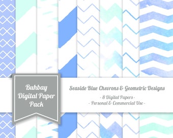 Könnte beinhalten: Ein digitales Papierpaket mit 8 verschiedenen Mustern mit blauen und aquafarbenen Chevron- und geometrischen Designs. Das Paket trägt den Titel "Buhbay Digital Paper Pack" und "Seaside Blue Chevrons & Geometric Designs - 8 Digital Papers - Personal & Commercial Use -"
