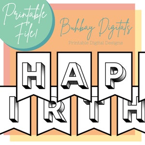 Banner de fiesta de feliz cumpleaños - Archivo digital imprimible - Simplemente descargar e imprimir - Diseño en blanco y negro - PDF