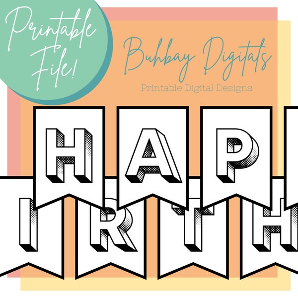 Happy Birthday Party Banner - Printable Digital File - Simply Download & Print - Black and White Design - PDF