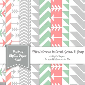 Tribal Arrows Digital Paper Pack - Set of 9 - INSTANT DOWNLOAD - 12x12 - High Res JPG files - Printable - Coral, Green & Gray