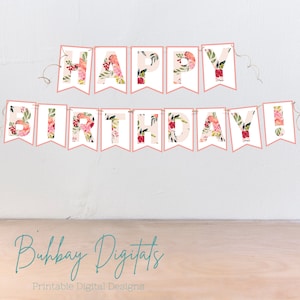 Floral Happy Birthday Party Banner - druckbare digitale Datei - einfach herunterladen & drucken - Aquarell Blumen Design - PDF