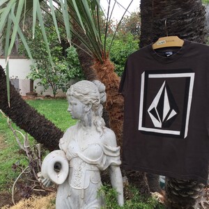Pu&ograve; includere: Una maglietta marrone scuro con un logo bianco a forma di diamante con un diamante pi&ugrave; piccolo all'interno. Il logo &egrave; all'interno di un quadrato bianco con un bordo nero. La maglietta &egrave; appesa a un ramo d'albero.