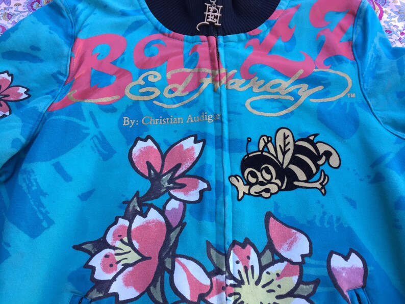 Don ED HARDY Buzz Kill Bumble Bee Jacket Skull Candy Arms Size Small Nice weight Cotton Spandex Hollywood Bull Dog Label 2 Front Pockets
