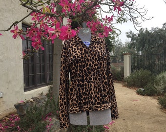 PLUSH VELOUR CAROLE LiTTLE Moto Jacket Gorgeous Leopard Print Velveteen 77% Cotton 23 Poly 6 Designer embossed toggles in front 2 on cuffs