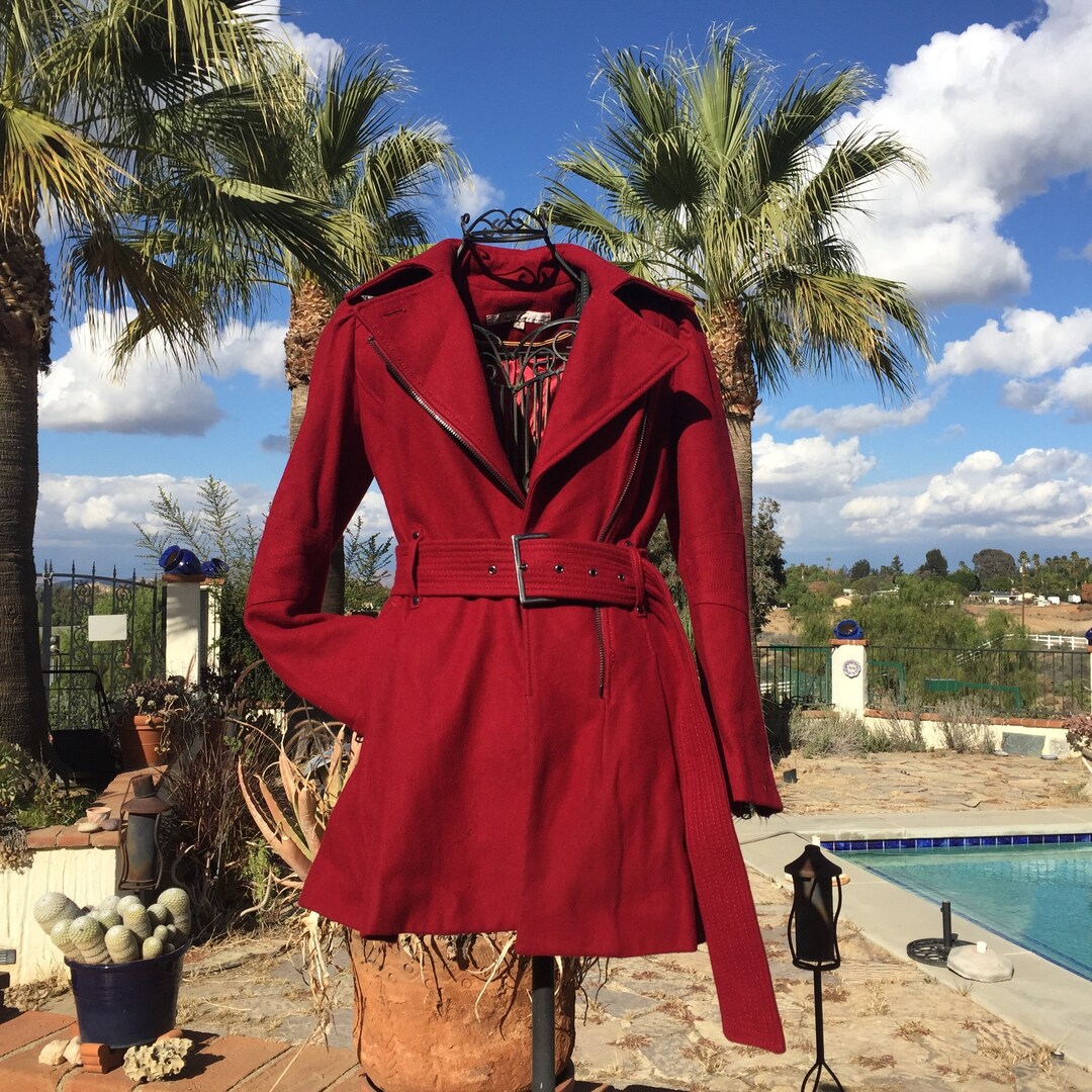 Crimson Red Wool Trench Coat Size 2 Designer Details Zippers Etsy