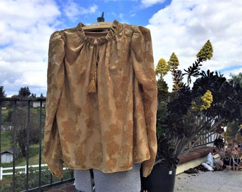 Goldenrod Velvet Burnout Peasant top Size Medium Poly Velvet Blend with lining Drawstring Gathers at Neck Puff Long Sleeves Ruched at cuffs