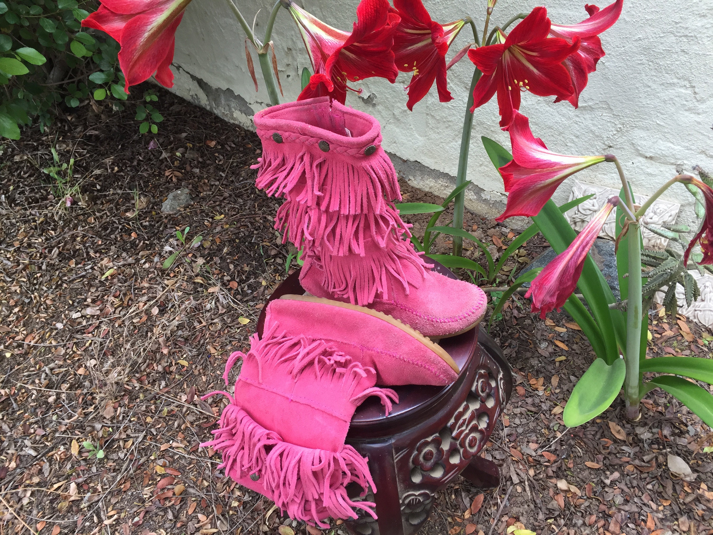 Hot pink fringe booties best sale