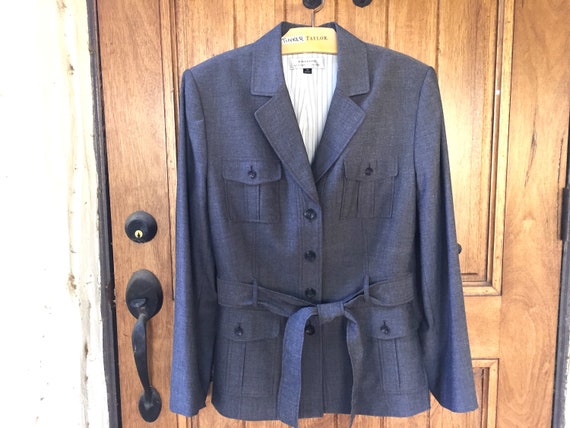 Ellie Tahari Cargo Blazer Size 18. Asphalt Gray with pin striped lining. Wrinkle free 70% Rayon, 30 Polyester.  Feels & looks like silk.
