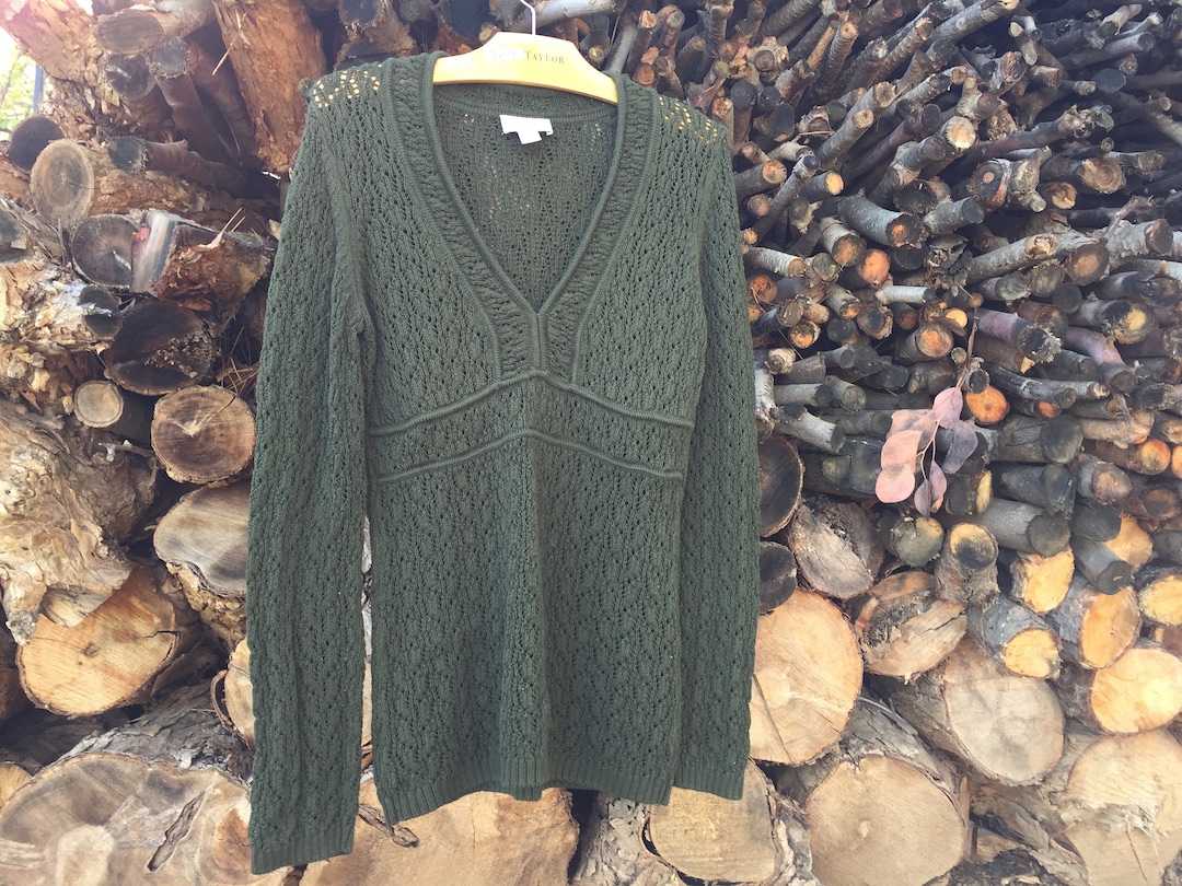 Forest Green Pullover Sweater by Ann Taylor Loft Size Medium Soft Cotton  Acrylic Blend With Slimming Bodice Accent Pretty Crochet Design