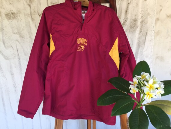 USC Windbreaker Track Jacket Size Small to Medium Tag Says 16-18 100% Poly Super Soft Cotton T Lining Hood Can Roll Up to Hide with Velcro