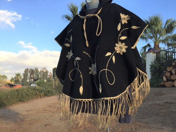 Black 1960s HEAVY Felted Wool Mexican Embroidered