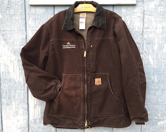 CARHARTT !TOP QUALITY Hard to find Discontinued Design Chore Coat Heavy Canvas lined in Sherpa Fleece Size X Large Zip front tons of pockets